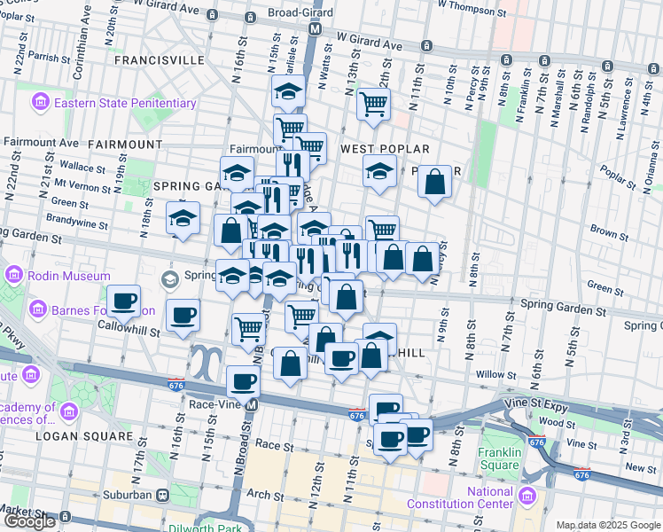 map of restaurants, bars, coffee shops, grocery stores, and more near 542 North 13th Street in Philadelphia