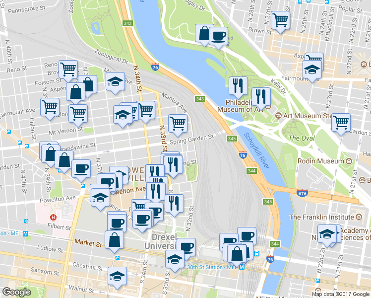 map of restaurants, bars, coffee shops, grocery stores, and more near 436 North 31st Street in Philadelphia