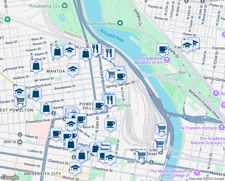 map of restaurants, bars, coffee shops, grocery stores, and more near 438 North 32nd Street in Philadelphia