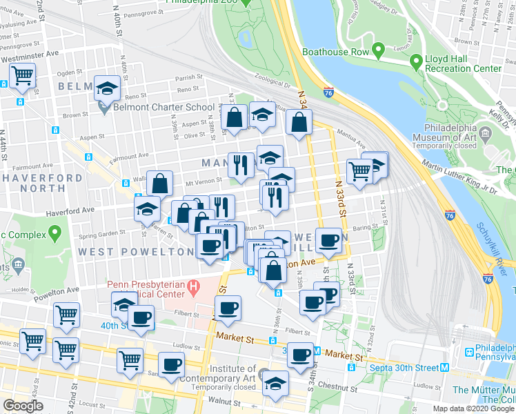 map of restaurants, bars, coffee shops, grocery stores, and more near in Philadelphia