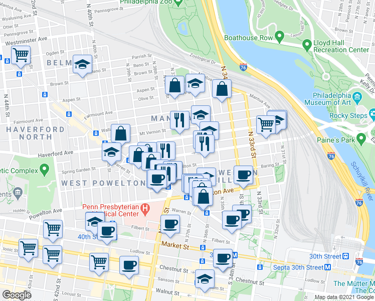 map of restaurants, bars, coffee shops, grocery stores, and more near in Philadelphia