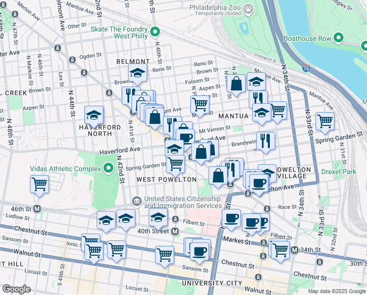 map of restaurants, bars, coffee shops, grocery stores, and more near 3940 Haverford Avenue in Philadelphia