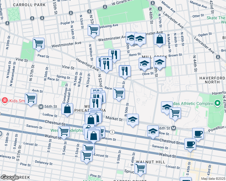 map of restaurants, bars, coffee shops, grocery stores, and more near 5106 Race Street in Philadelphia