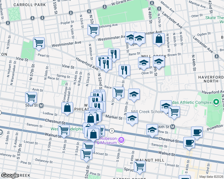 map of restaurants, bars, coffee shops, grocery stores, and more near 5031 Race Street in Philadelphia