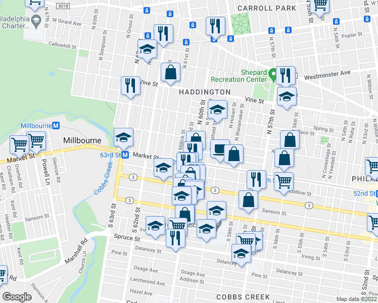 map of restaurants, bars, coffee shops, grocery stores, and more near 38 North Edgewood Street in Philadelphia