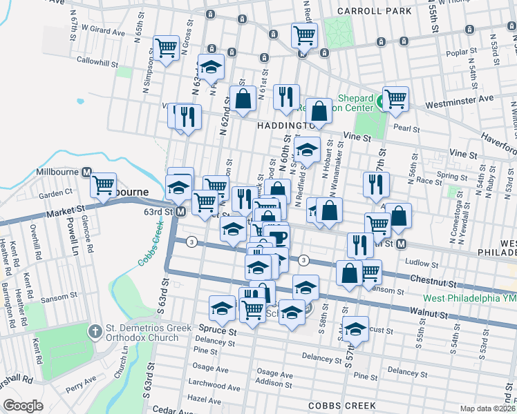 map of restaurants, bars, coffee shops, grocery stores, and more near 38 North Edgewood Street in Philadelphia