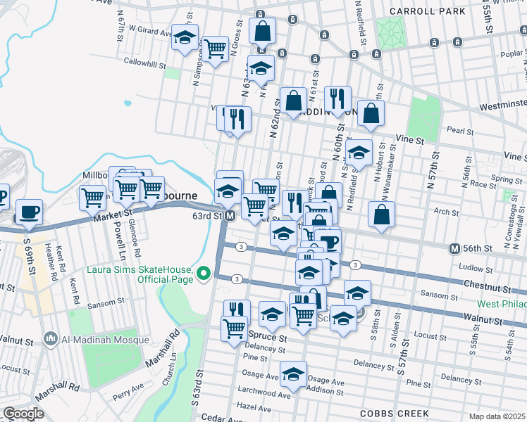 map of restaurants, bars, coffee shops, grocery stores, and more near 19 North 62nd Street in Philadelphia