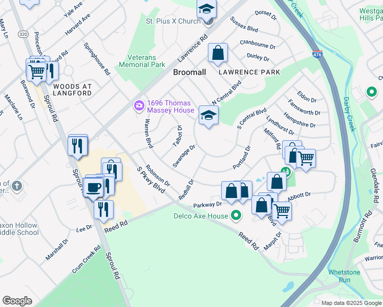 map of restaurants, bars, coffee shops, grocery stores, and more near 355 Swanage Drive in Broomall