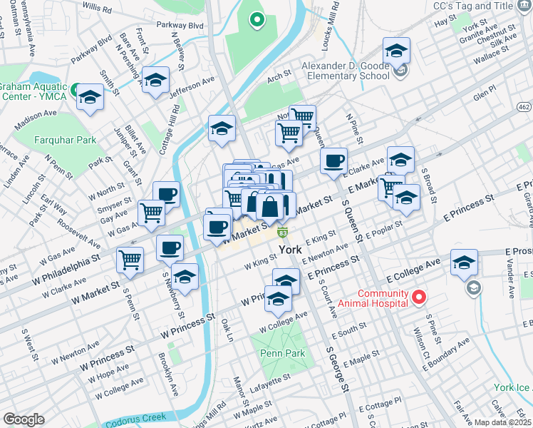 map of restaurants, bars, coffee shops, grocery stores, and more near in York