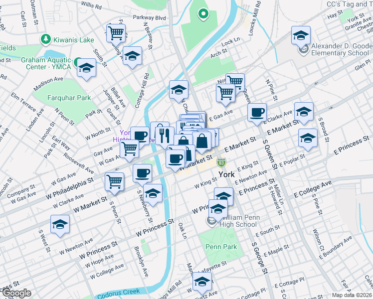 map of restaurants, bars, coffee shops, grocery stores, and more near 118 West Philadelphia Street in York