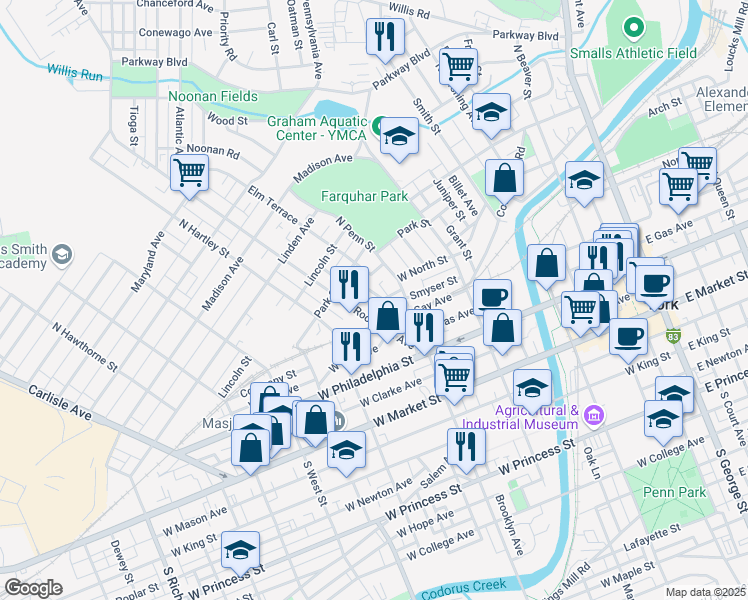 map of restaurants, bars, coffee shops, grocery stores, and more near 215 Park Place in York
