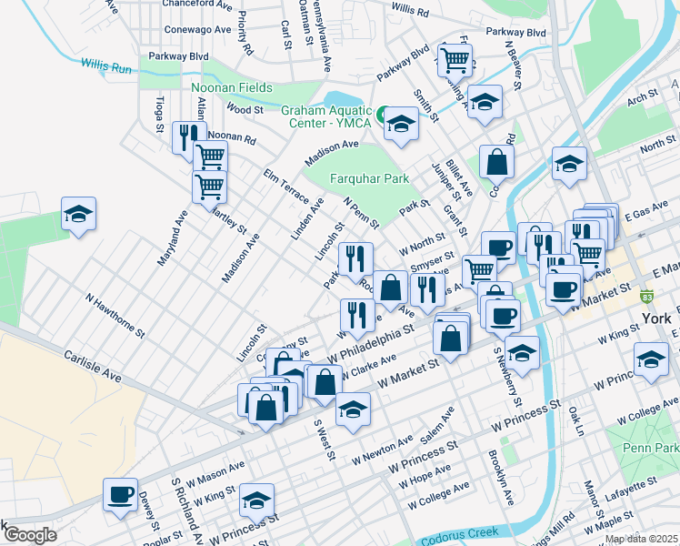 map of restaurants, bars, coffee shops, grocery stores, and more near 261 Roosevelt Avenue in York