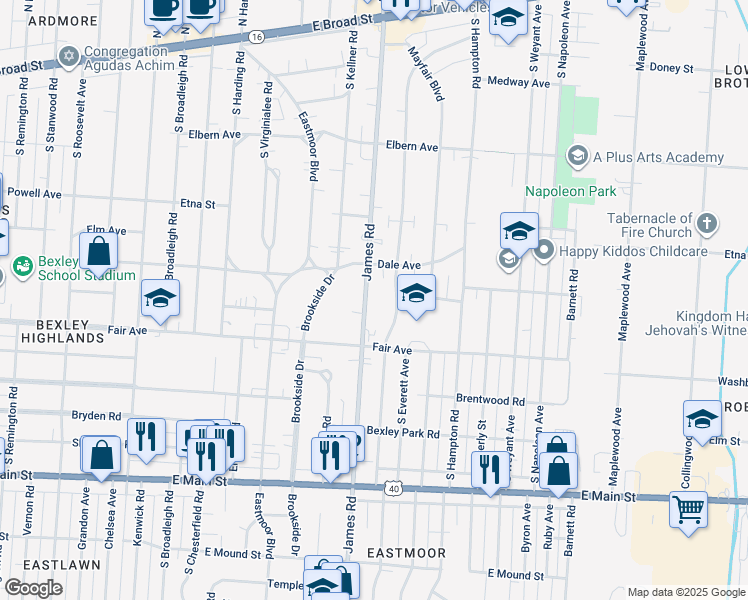 map of restaurants, bars, coffee shops, grocery stores, and more near 418 South James Road in Columbus