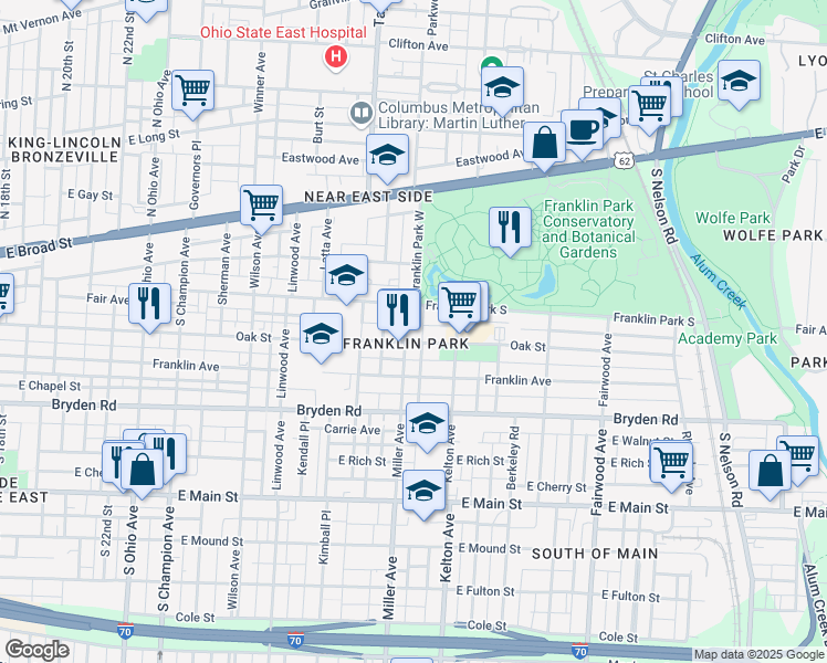 map of restaurants, bars, coffee shops, grocery stores, and more near 175 Miller Avenue in Columbus