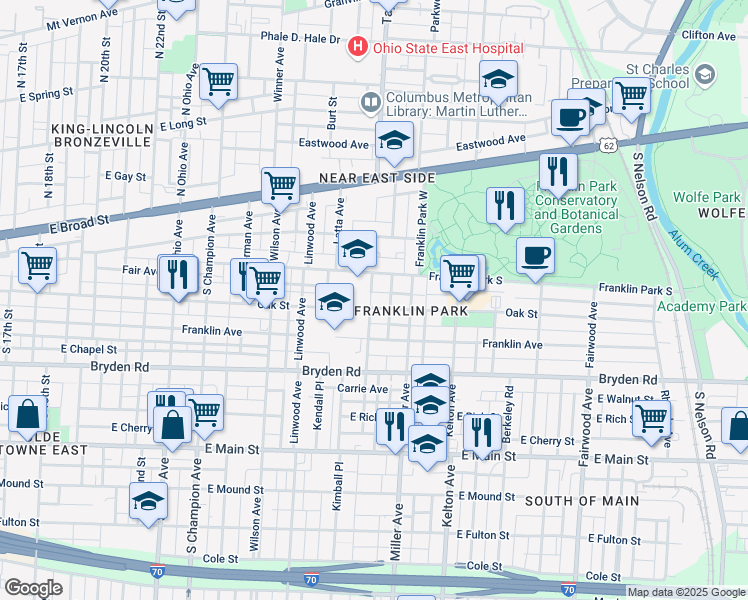 map of restaurants, bars, coffee shops, grocery stores, and more near 1432 Oak Street in Columbus