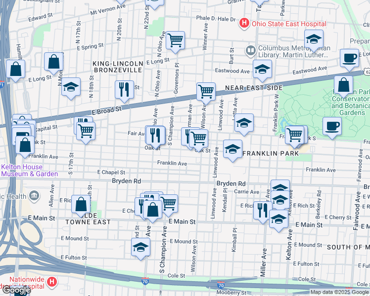 map of restaurants, bars, coffee shops, grocery stores, and more near 1200 Oak Street in Columbus