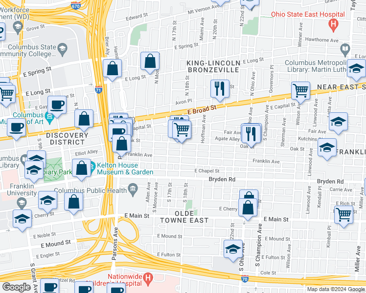 map of restaurants, bars, coffee shops, grocery stores, and more near 940 Oak Street in Columbus
