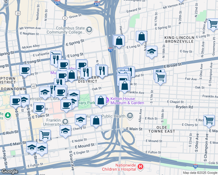 map of restaurants, bars, coffee shops, grocery stores, and more near 602 Oak Street in Columbus