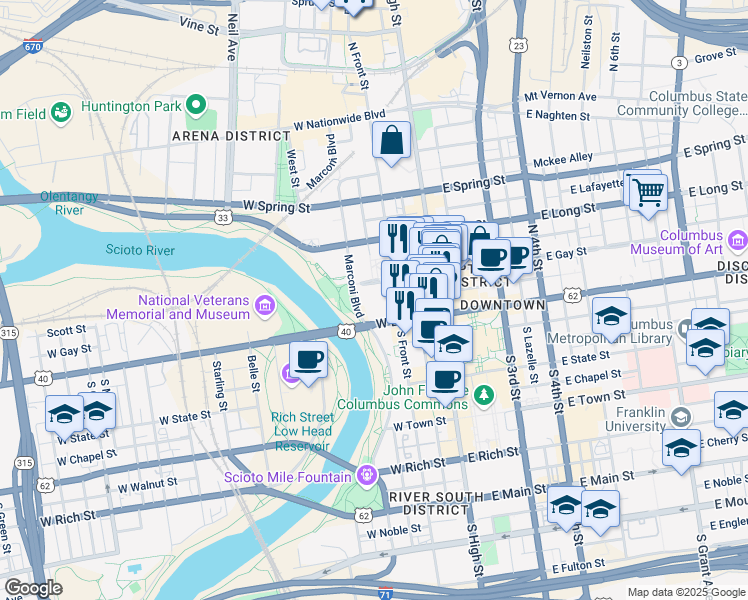 map of restaurants, bars, coffee shops, grocery stores, and more near 40 North Front Street in Columbus