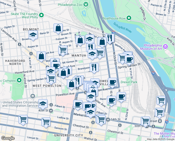 map of restaurants, bars, coffee shops, grocery stores, and more near 3625 Spring Garden Street in Philadelphia