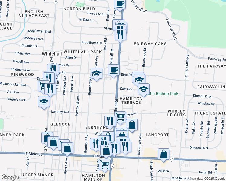 map of restaurants, bars, coffee shops, grocery stores, and more near 639 South Hamilton Road in Whitehall