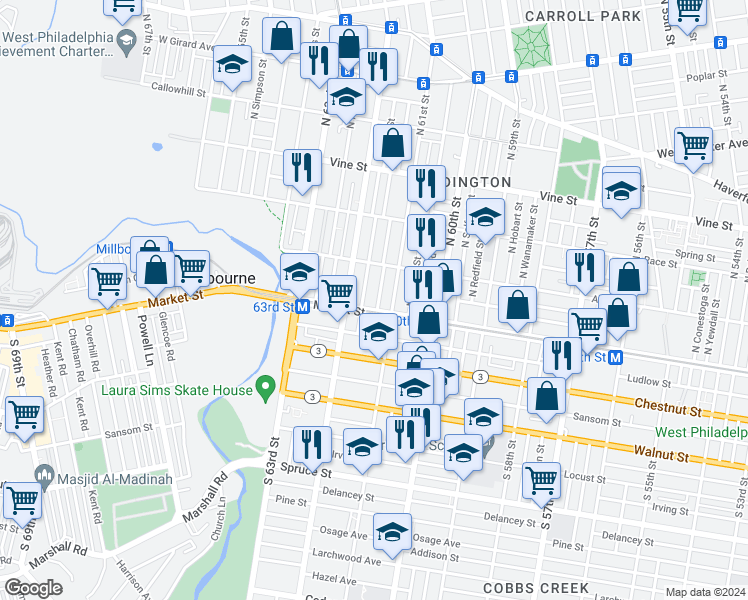 map of restaurants, bars, coffee shops, grocery stores, and more near 14 North Dewey Street in Philadelphia