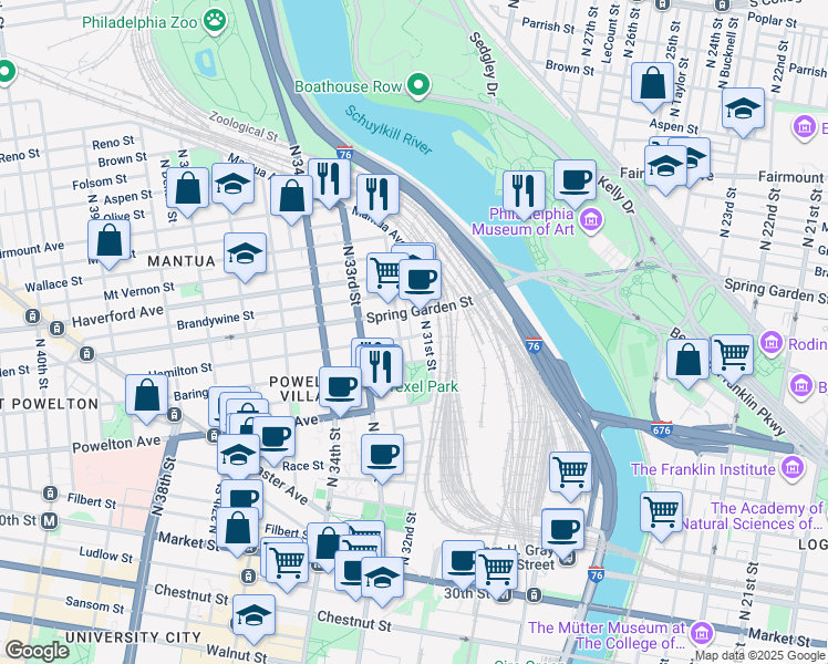 map of restaurants, bars, coffee shops, grocery stores, and more near 419 North Napa Street in Philadelphia