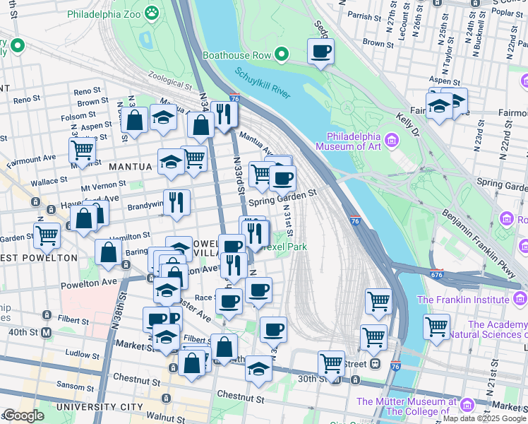 map of restaurants, bars, coffee shops, grocery stores, and more near 426 North 32nd Street in Philadelphia