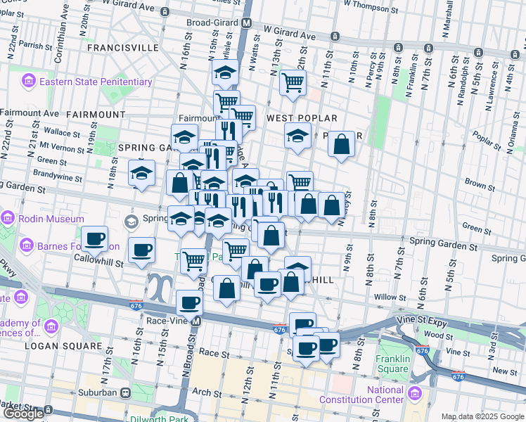 map of restaurants, bars, coffee shops, grocery stores, and more near 1228 Ridge Avenue in Philadelphia