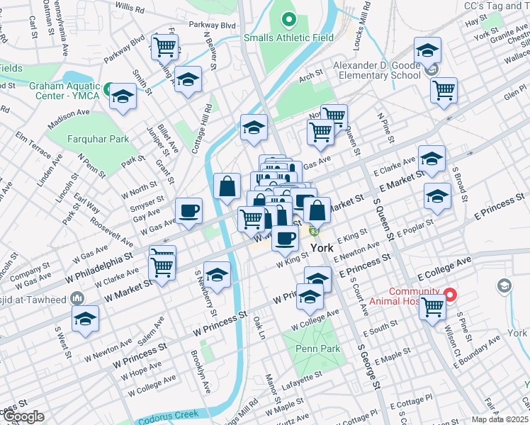 map of restaurants, bars, coffee shops, grocery stores, and more near 38 North Beaver Street in York
