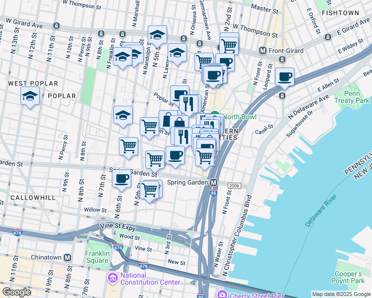 map of restaurants, bars, coffee shops, grocery stores, and more near 721 North 3rd Street in Philadelphia