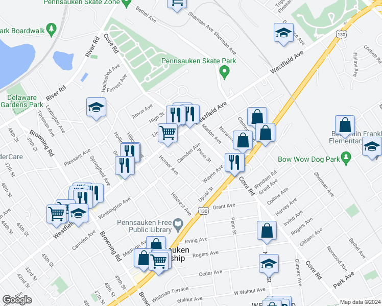 map of restaurants, bars, coffee shops, grocery stores, and more near 2204 Scovel Avenue in Pennsauken Township