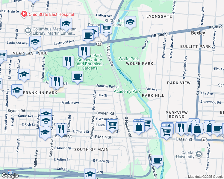map of restaurants, bars, coffee shops, grocery stores, and more near 237 Rhoads Avenue in Columbus