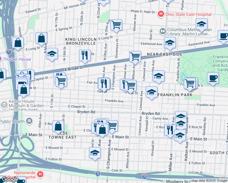 map of restaurants, bars, coffee shops, grocery stores, and more near 1150 Oak Street in Columbus