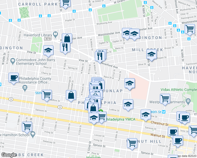 map of restaurants, bars, coffee shops, grocery stores, and more near 144 North 52nd Street in Philadelphia