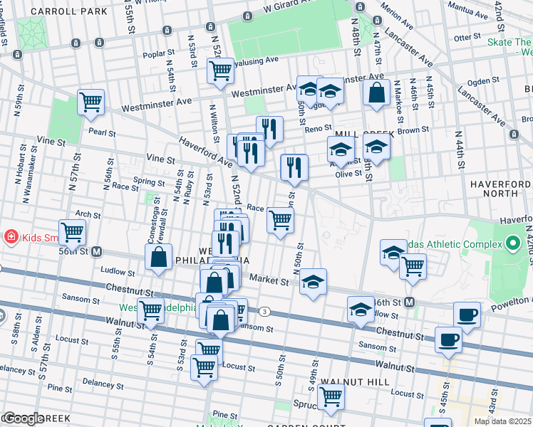 map of restaurants, bars, coffee shops, grocery stores, and more near 5106 Race Street in Philadelphia