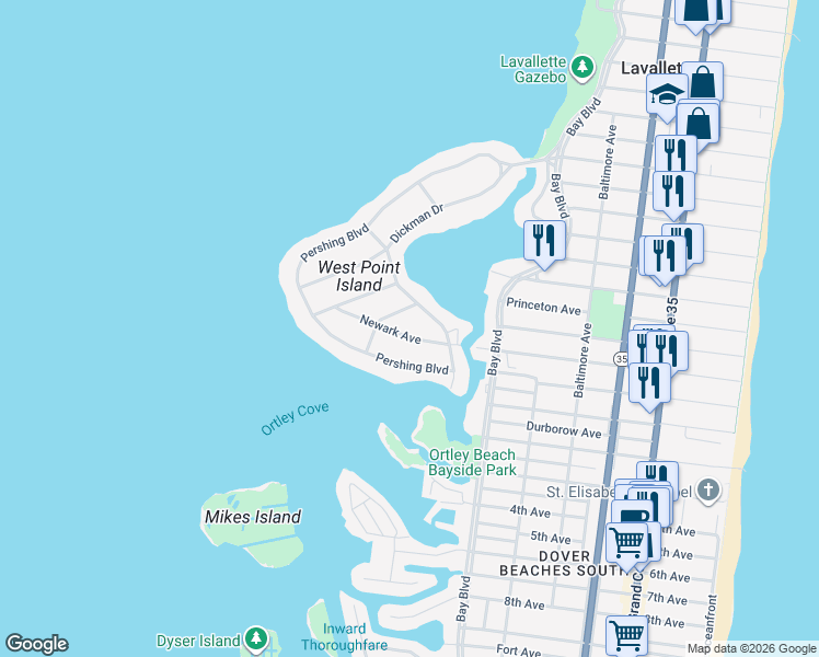 map of restaurants, bars, coffee shops, grocery stores, and more near 6 Sturgis Road in Lavallette
