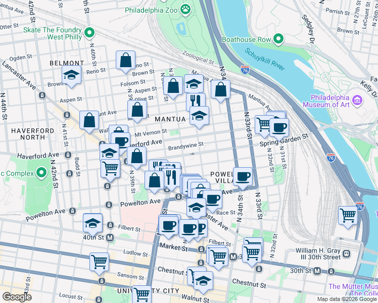 map of restaurants, bars, coffee shops, grocery stores, and more near in Philadelphia