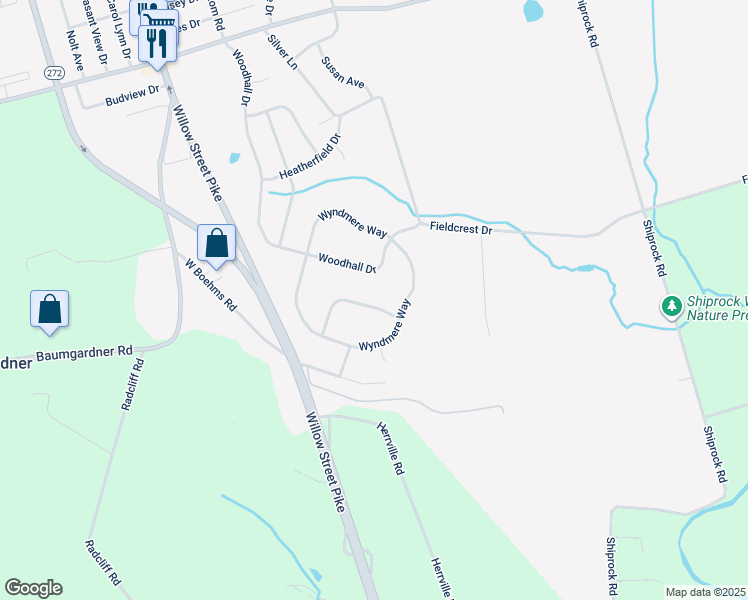 map of restaurants, bars, coffee shops, grocery stores, and more near 7 Greenbrier Lane in Willow Street