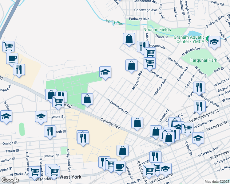 map of restaurants, bars, coffee shops, grocery stores, and more near 704 North Belvidere Avenue in York