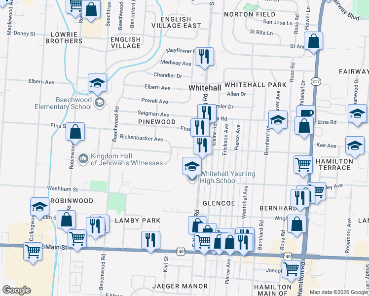 map of restaurants, bars, coffee shops, grocery stores, and more near 4238 Rickenbacker Avenue in Whitehall