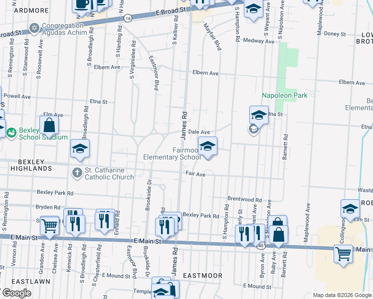 map of restaurants, bars, coffee shops, grocery stores, and more near 418 South James Road in Columbus