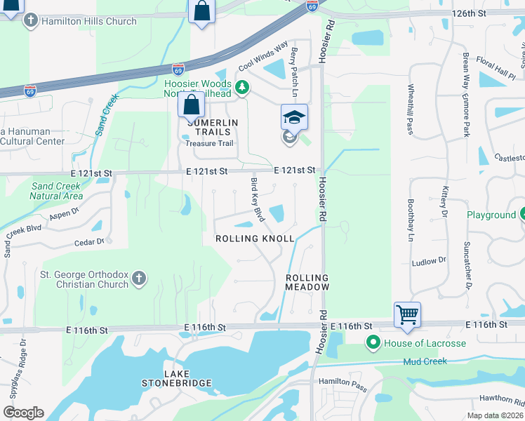 map of restaurants, bars, coffee shops, grocery stores, and more near 11987 Bird Key Boulevard in Fishers