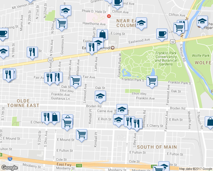 map of restaurants, bars, coffee shops, grocery stores, and more near 1432 Oak Street in Columbus