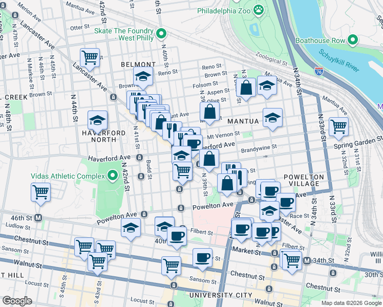 map of restaurants, bars, coffee shops, grocery stores, and more near 3943 Lancaster Avenue in Philadelphia