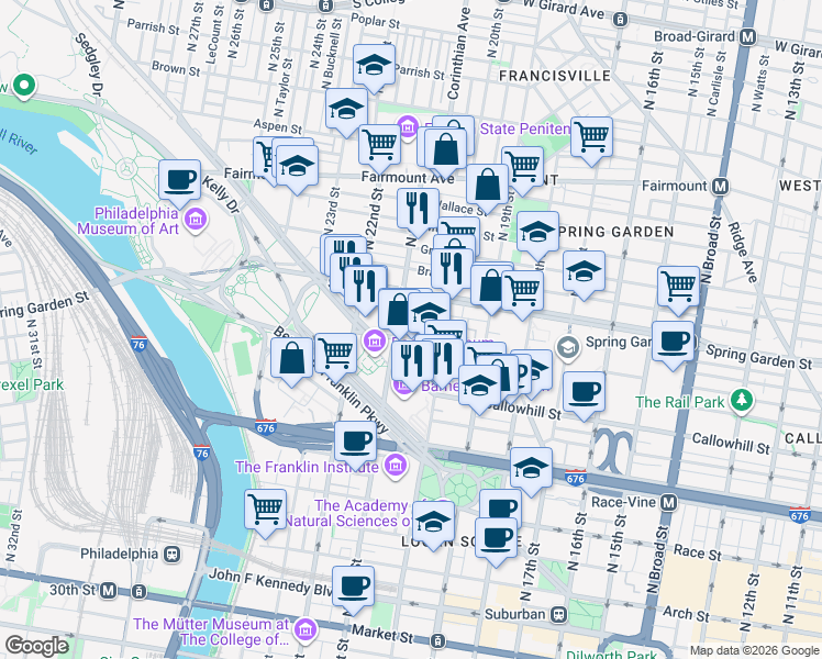 map of restaurants, bars, coffee shops, grocery stores, and more near 2001 Hamilton Street in Philadelphia