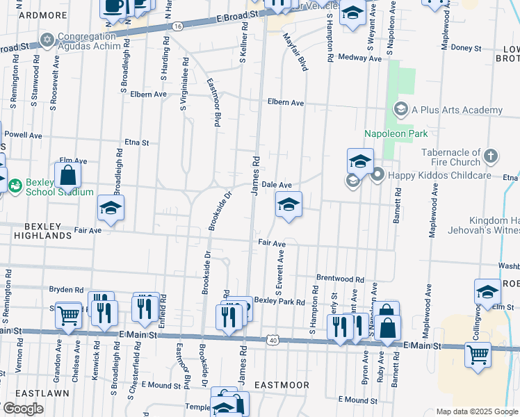 map of restaurants, bars, coffee shops, grocery stores, and more near 418 South James Road in Columbus