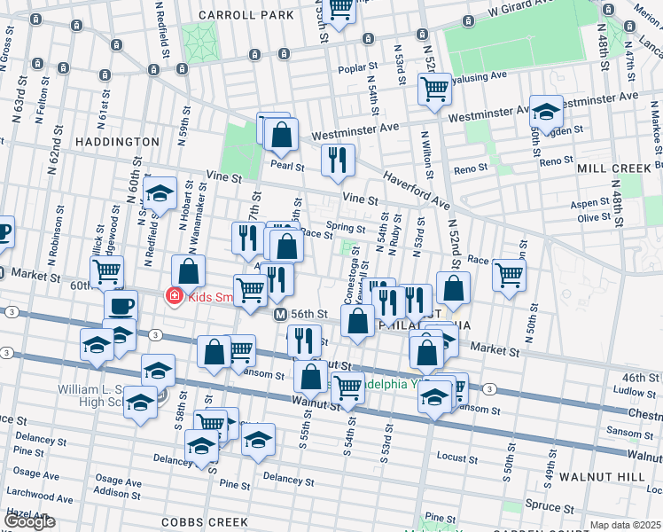 map of restaurants, bars, coffee shops, grocery stores, and more near 115 N 55th St in Philadelphia