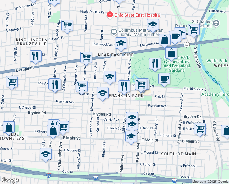 map of restaurants, bars, coffee shops, grocery stores, and more near 1432 Oak Street in Columbus
