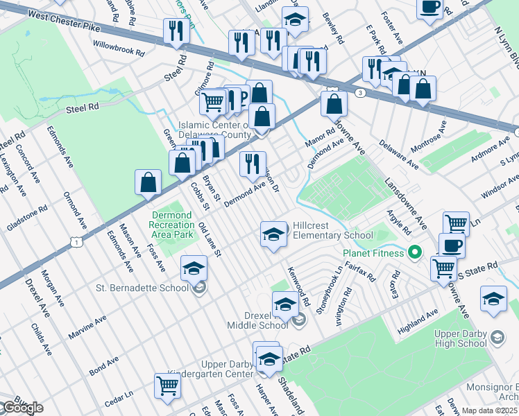 map of restaurants, bars, coffee shops, grocery stores, and more near 1123 Harding Drive in Havertown